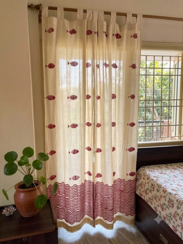 Handblock Printed Curtain 1pc- Fish in Sea Red - Door 7' ft