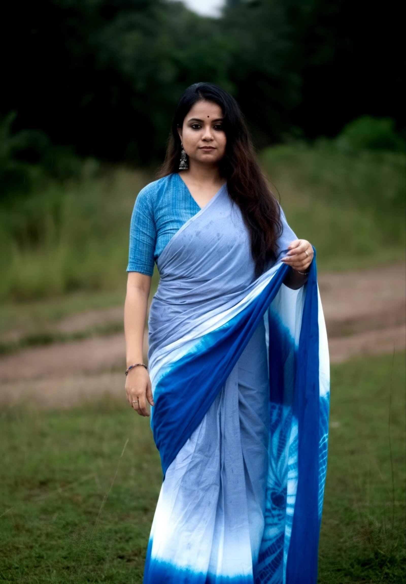 Tie dye handspun cotton Saree -Indigo pastel dye